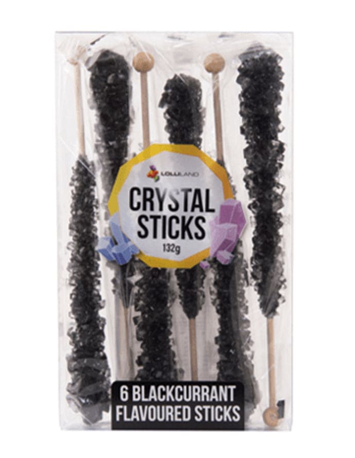 Packaging of Crystal Rock Candy Blackcurrant Sticks 6 Pack 132g, showing six swizzle sticks with blackcurrant flavor, each stick is individually wrapped.