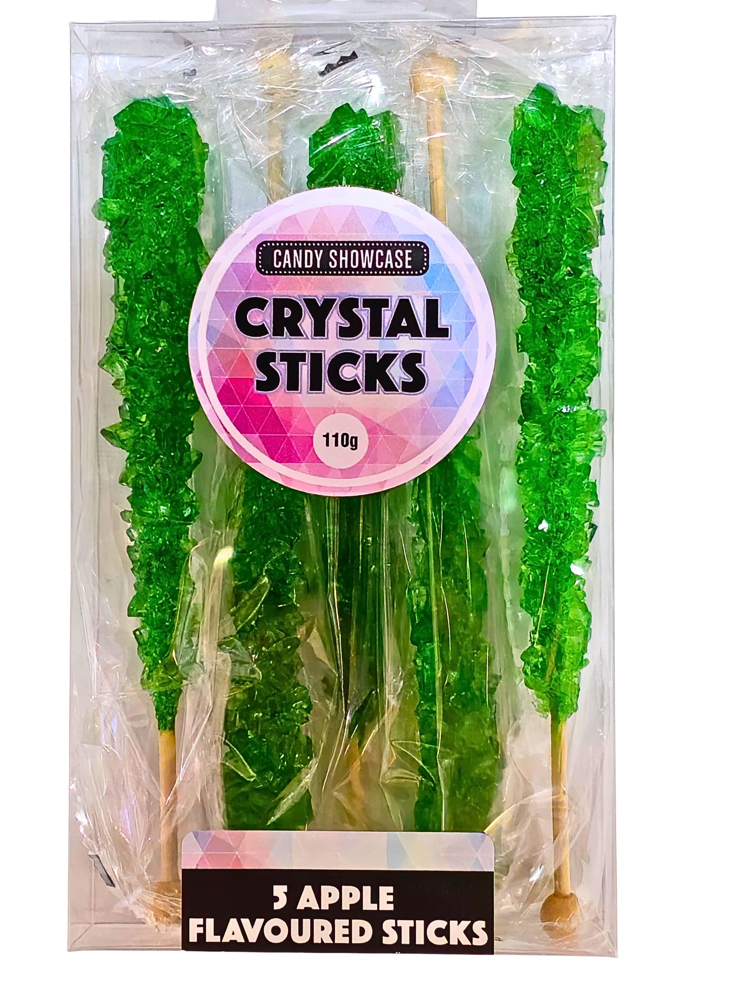 Crystal Rock Candy Apple Sticks are Vibrant green, large sugar crystals formed naturally on a wooden stirrer.