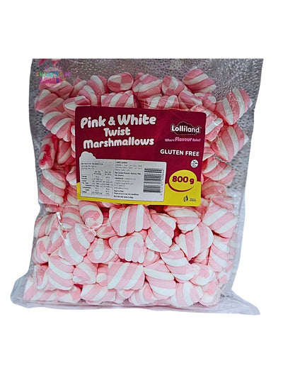 Lolliland Pink & White Twist Marshmallows are soft, pillowy texture and classic strawberry and vanilla flavor profile. They are distinctive twisted/cylindrical shape with a swirl of pastel pink and white.