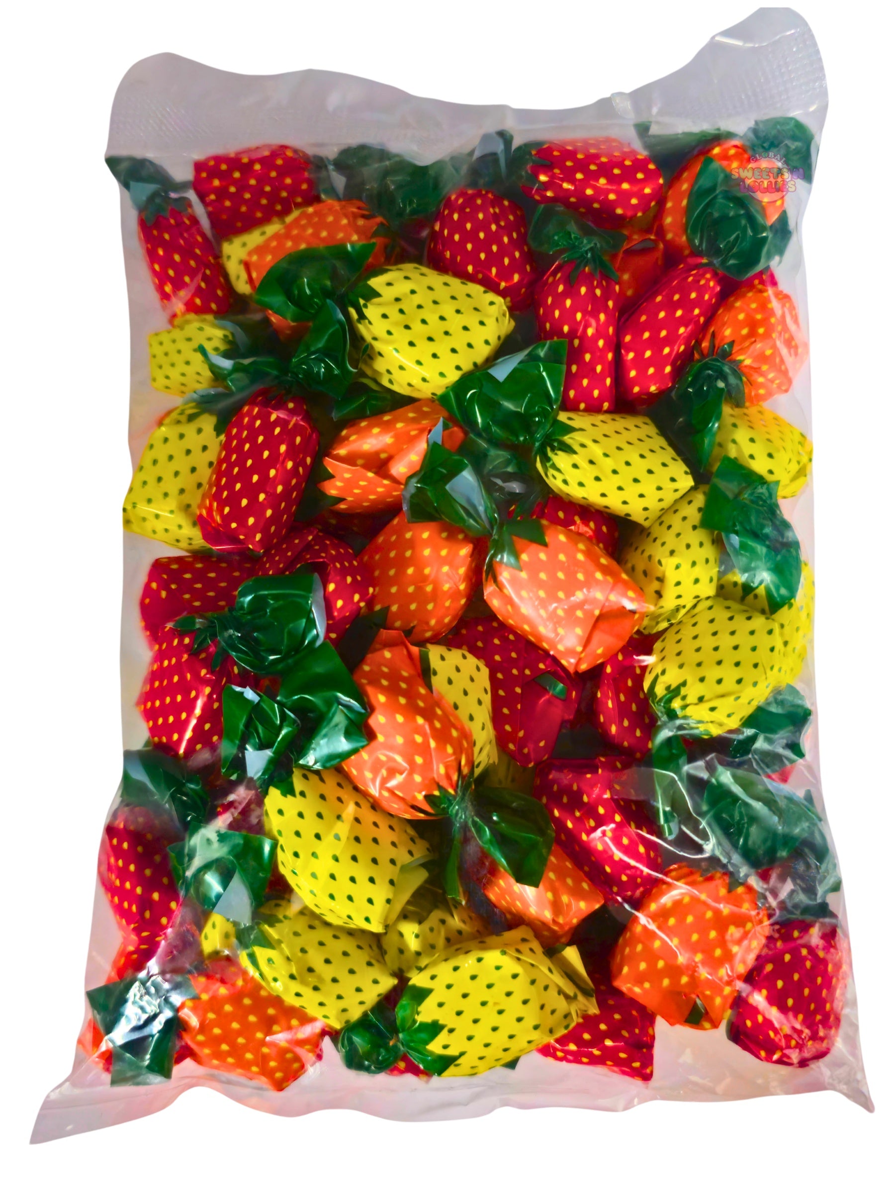Bag of colorful fruit-shaped assorted fruit on a white background