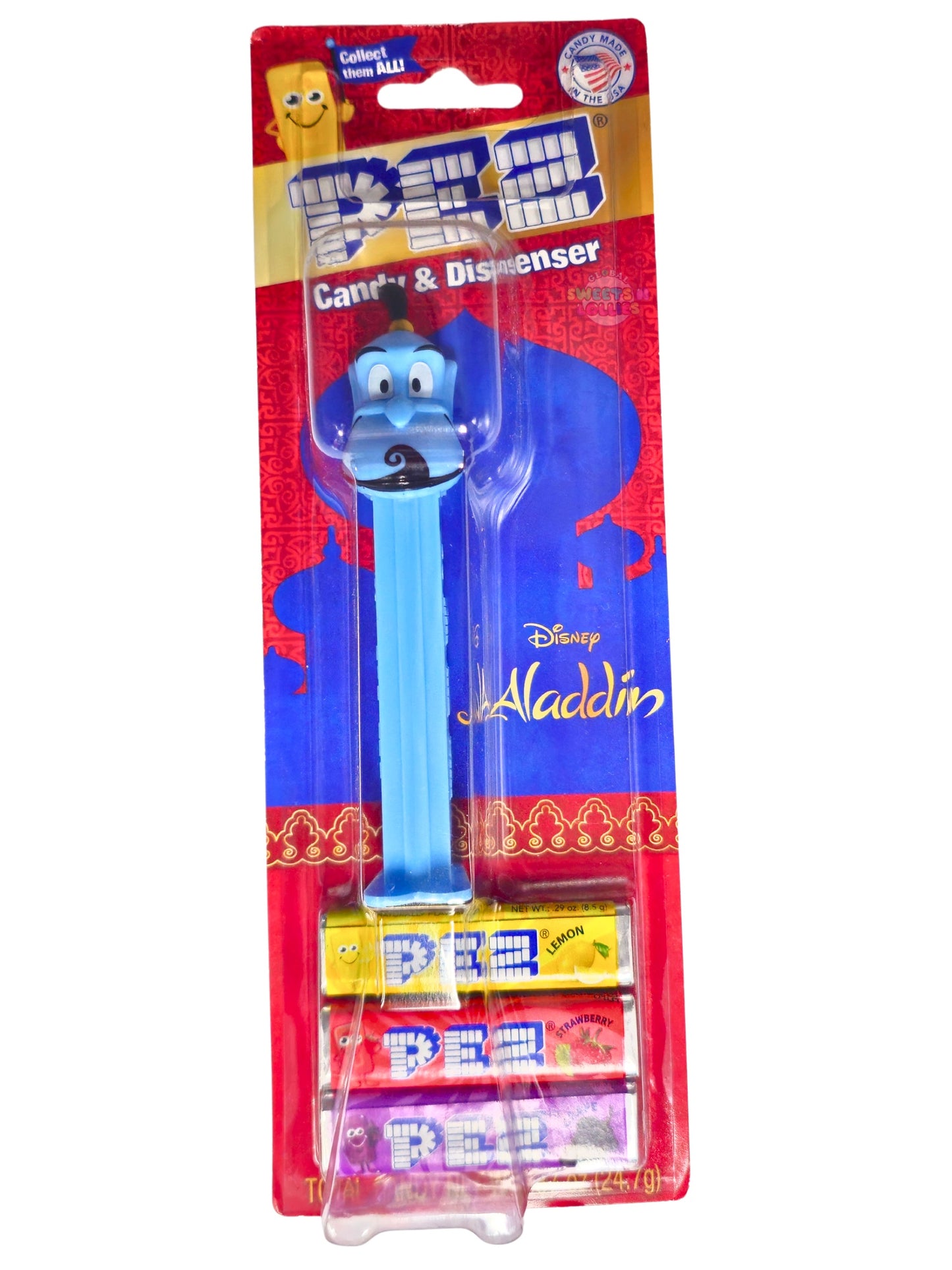 PEZ candy and dispenser packaging featuring an Aladdin character