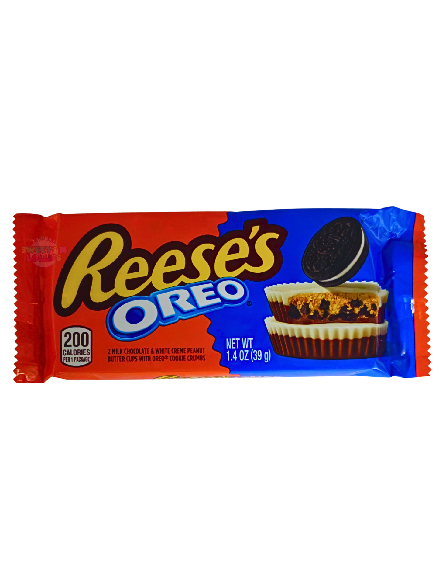 Reese's Oreo Peanut Butter Cup (39g)   is a "dual-layer" design featuring a milk chocolate base and side walls, topped with a smooth layer of white creme to mimic the center of an Oreo.